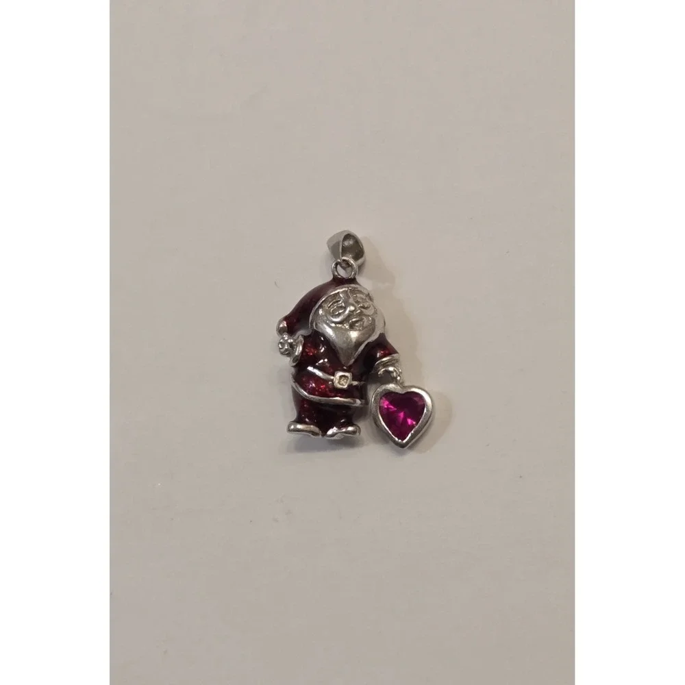Vintage Sterling Silver Santa Claus Enamel Charm Pendant Ruby Heart OTC 925